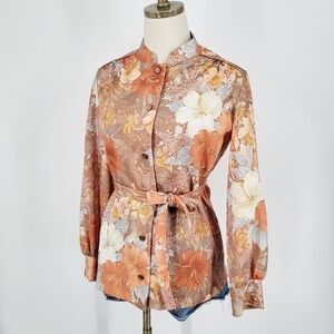 Vintage 1970s Floral button down Blouse Long Sleeve Top Belted Orange Medium
